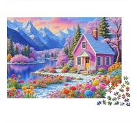 Pink Cottage Scene 1000Pc Jigsaw PuzzlePink House Mountain View Art - Recycled Cardboard Decoration for Adults And Kids38x26cm/1000pcs