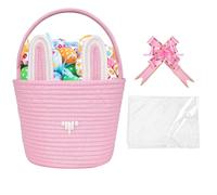 Pink Cotton Rope Easter Basket with Bunny Ears, Kids Easter Egg Hunt Basket with Bow, Baby's First Easter Gift