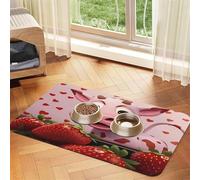 Pink Cow with Strawberries Pet Food Mat 17.2x11.81in Absorbent Non-Slip PU Leather Feeding Mat for Dogs Cats Rubber Bottom Fast Drying Rollable Pet Bowl Placemat