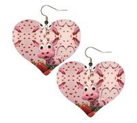 Pink Cow with Strawberries Prints Stylish Heart-Shaped Earrings Lightweight Women'S Accessories Perfect For Parties And Valentine'S Day.