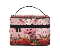 Pink Cow with Strawberries Women's Large Capacity Makeup Bag, Portable Travel Makeup Bag, (9x6.5x6.2 inches) Girls Large Makeup Bag Storage Bag