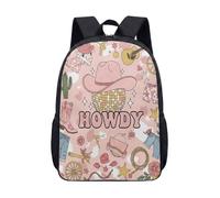 Pink Cowboy Backpack for Kids, 17 Inch Western School Bag with Bull Skull Cactus Boots Howdy Cow Print Star, Retro Cartoon Graphic. (10)