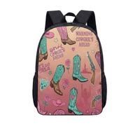 Pink Cowboy Backpack for Kids, 17 Inch Western School Bag with Bull Skull Cactus Boots Howdy Cow Print Star, Retro Cartoon Graphic. (07)