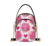 Pink Cowboy Boots Hearts Shoulder Handbag Women Cell Phone Wallet Chain Purse Floral Print Ladies Tote Crossbody Satchel, 5.9" × 8.3" × 3.1"
