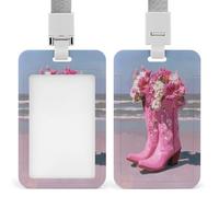 Pink Cowboy Boots with Flowers on The Beach ID Badge Holder Retractable Clip Card Holder Card Protector Name Badge Name Tag for Work Office Doctor Nurse