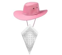 Pink Cowboy Hat and White Bandana Western Sun Cap Faux Felt Leather Suede Fancy Dress Party Costume Outfit Neckscarf Sun Protection Mens Womens