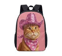 Pink Cowboy Hat Cat Backpack 17 Inch Tabby Cherry Blossom Floral School Bag for Kids Teens Vibrant Illustration Print (04)