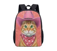 Pink Cowboy Hat Cat Backpack 17 Inch Tabby Cherry Blossom Floral School Bag for Kids Teens Vibrant Illustration Print (07)