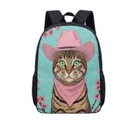 Pink Cowboy Hat Cat Backpack 17 Inch Tabby Cherry Blossom Floral School Bag for Kids Teens Vibrant Illustration Print (01)