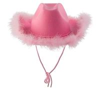 Pink Cowboy Hat Women'S Cowboy Hat Cowgirl Hats For Women White/Pink Fluffy Feather Trim Felt Cowboys Cowgirl Hats For Holiday,Costume Party,Play Dress Up,Halloween Cosplay