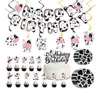 Pink Cowgirl Birthday Party Decorations Set, Happy Birthday Banner, Cake Topper, Cupcake Toppers, Hanging Swirls, Black and White Farm Theme