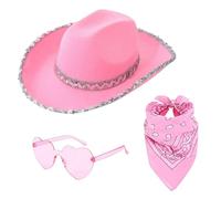 Pink Cowgirl Hat Adult Glim-mer Cowgirl Hat Western Cowboy Hat With Heart Shaped Sunglasses And Bandana Festival Cowboy Costume Accessories Fancy Dress Accessory