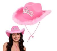Pink Cowgirl Hat with Silver Tiara & Fluffy Trim - Wide Brim, Girl's Cowboy For Festivals, Bachelorette Parties, Concerts, Hen Night, Wild West, Fancy Dress Costume (Silver Tiara & Fluffy Trim)