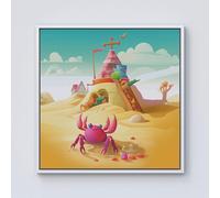 Pink Crab On A Beach Holiday Framed Canvas Warren Reed - Designer Off White W16 inch x H16 inch