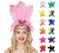 Pink Cream Women Ostrich Feather Flapper Headband, 1920s Rhinestone Sequin Headdress Elastic Vintage Fancy Dress Hair Accessory for Masquerade Ball, Samba Parade, New Year Eve Silvester Party One Size