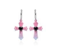 Pink Cross Dangle Earrings, Silver Plated Heart Obsidian Crucifix, 4.4cm Length, Y2k Statement Earrings for Women