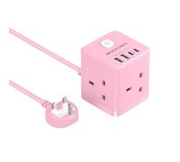Pink Cube Extension Lead with USB C Slots, 3 Way Power Extension | 4 USB (5V/3.1A 15.5W), Small Tower Extension Lead for Home, Office, Dorm Room, 2M, 13A/3250W
