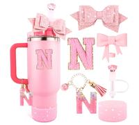 Pink Cup Accessories Set for Stanley 30OZ & 40OZ Tumbler with Handle, Letter Charms, Bow & Diamond Straw Covers, Glitter Silicone Boot, Personalized Sticker for Stanley Cup Accessories (N)