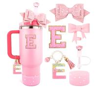 Pink Cup Accessories Set for Stanley 30OZ & 40OZ Tumbler with Handle, Letter Charms, Bow & Diamond Straw Covers, Glitter Silicone Boot, Personalized Sticker for Stanley Cup Accessories (E)