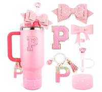 Pink Cup Accessories Set for Stanley 30OZ & 40OZ Tumbler with Handle, Letter Charms, Bow & Diamond Straw Covers, Glitter Silicone Boot, Personalized Sticker for Stanley Cup Accessories (P)