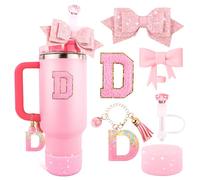 Pink Cup Accessories Set for Stanley 30OZ & 40OZ Tumbler with Handle, Letter Charms, Bow & Diamond Straw Covers, Glitter Silicone Boot, Personalized Sticker for Stanley Cup Accessories (D)