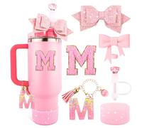 Pink Cup Accessories Set for Stanley 30OZ & 40OZ Tumbler with Handle, Letter Charms, Bow & Diamond Straw Covers, Glitter Silicone Boot, Personalized Sticker for Stanley Cup Accessories (M)