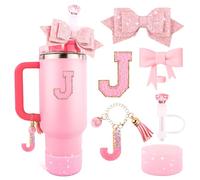 Pink Cup Accessories Set for Stanley 30OZ & 40OZ Tumbler with Handle, Letter Charms, Bow & Diamond Straw Covers, Glitter Silicone Boot, Personalized Sticker for Stanley Cup Accessories (J)