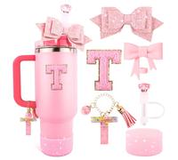 Pink Cup Accessories Set for Stanley 30OZ & 40OZ Tumbler with Handle, Letter Charms, Bow & Diamond Straw Covers, Glitter Silicone Boot, Personalized Sticker for Stanley Cup Accessories (T)