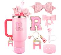 Pink Cup Accessories Set for Stanley 30OZ & 40OZ Tumbler with Handle, Letter Charms, Bow & Diamond Straw Covers, Glitter Silicone Boot, Personalized Sticker for Stanley Cup Accessories (R)