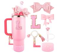 Pink Cup Accessories Set for Stanley 30OZ & 40OZ Tumbler with Handle, Letter Charms, Bow & Diamond Straw Covers, Glitter Silicone Boot, Personalized Sticker for Stanley Cup Accessories (L)