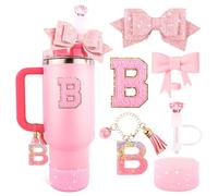 Pink Cup Accessories Set for Stanley 30OZ & 40OZ Tumbler with Handle, Letter Charms, Bow & Diamond Straw Covers, Glitter Silicone Boot, Personalized Sticker for Stanley Cup Accessories (B)