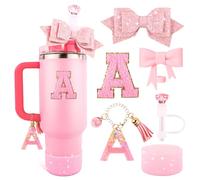 Pink Cup Accessories Set for Stanley 30OZ & 40OZ Tumbler with Handle, Letter Charms, Bow & Diamond Straw Covers, Glitter Silicone Boot, Personalized Sticker for Stanley Cup Accessories (A)