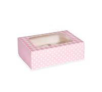 Pink Cupcake Box with Window and Removable 6 Hole Insert, Gingham and Polka Dot Print, Easy Assembly, 7.5 x 16 x 23cm - Anniversary House (J157)