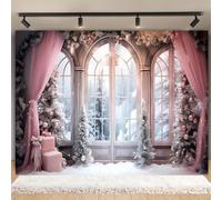Pink Curtain Winter Xmas Photo Backdrops Merry Christmas Snowy Forest Photography Background Christmas Winter Snow Forest Window Backdrop Girl Baby Shower Party Decorations Photo Props (7x5feet)
