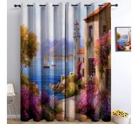 Pink Curtains Eyelet Soft Thermal Insulated Blackout Curtains, Beauty Flowers Lighthouse Architecture Pattern Ring Top Window Drapes for Bedroom Living Room bathroom W 46" x L 54" (2 Panels)