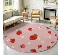 Pink Cute Cartoon Fruit Round Rug 170 cm, Machine Washable Area Rugs with Non-Slip Backing, Low Pile Non-Shedding Floor Mat, Cute Strawberry Floral Carpets for Living Room Bedroom Nursery