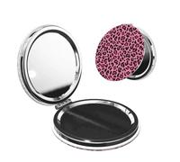 Pink Cute Leopard Print Compact Pocket Mirror, Small Travel Makeup Mirror for Women, 1X/2X Magnification Portable Cute Mini Mirrors for Purse, Present Round