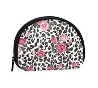 Pink Cute Rose Mix Leopard Pattern Print Portable Mini Storage Bag Shell Shaped Wallet Small Coin Wallet Shell Storage Bag