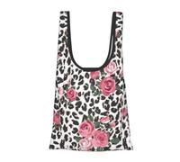 Pink Cute Rose Mix Leopard Pattern Print Reusable, Foldable,Washable Grocery Bags Foldable in A Pouch Eco Tote Shopping Bag,Daily Shopping Loading