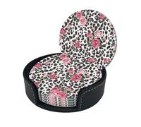 Pink Cute Rose Mix Leopard Pattern Print Round Leather Coasters - Set Of 6, Ultra-Fiber Pu Leather