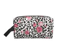 Pink Cute Rose Mix Leopard Pattern Water-Resistant Travel Toiletry Organizer Bag, Large Capacity Portable Cosmetic Storage for Gym/Daily Essentials