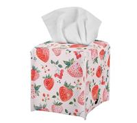 Pink Cute Strawberry Tissue Box Holder Modern Decorative PU Leather Square Tissue Box Cover for Home Office Tissue Cube Organizer for Dining Table Nightstand