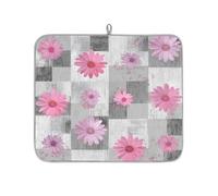 Pink Daisy Floral On Gray Abstract Art Dish Drying Mat for Kitchen Counter,Absorbent Dishes Drainer Mats Washable Dish Drying Pad for Worktop Draining Racks,46x41cm