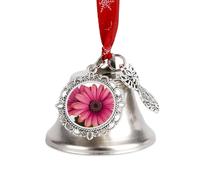 Pink Daisy Flower Ornaments Silver Christmas Bell Ornaments with Wings & Heart Christmas Metal Jingle Bell Pendant with Red Ribbon for Home,Outdoor and Garden Decoration