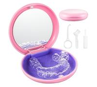 Pink Dental Retainer Container Case with Removal Tool, Chewies and Brush, Slim Night Guard Case Orthodontic Retainer Box Holder Magnetic for Braces, Bleaching Trays, Dentures