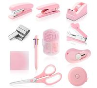 Pink Desk Accessory Kit Cute Office Supplies Set Desktop Stapler Set Includes Staple Remover Hole Punch Tape Dispenser Ballpoint Pen Scissor Mini Box Cutter Tape Measure Paper Clips Sticky Notes