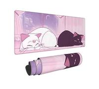 Pink Desk Pad Anime White Cat Black Cat Gaming Mouse Pad Large, Desk Office Decor Exclusive Beautiful Girls Mouse Pad for Women Desktop with Stitched Edges Non-Slip Rubber Computer Mat