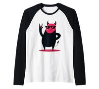 Pink Devil Demon Mascot Rock Hand Sign Punk Comic Graphic Raglan Baseball Tee