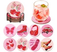 Pink Diamond Painting Coasters with Metal Holder 8 Pcs - Y2K Retro Diamond Art Coaster Kit with Non-Slip Cork Pads - Cute Girly DIY Crafts, Aesthetic Gifts for Adult & Women Room Decor