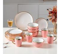 Pink Dinnerware Sets for 4 Ceramic, 16-Piece Luxury Plates and Bowls Sets with Gold Rim, Modern Dish Set for Wedding Christmas Anniversary, Crack Resistant | Dishwasher & Freezer Safe